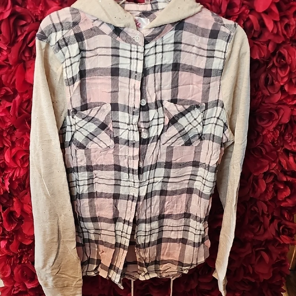 Justice Plaid Button-Up Hoodie With Glitter Cream Long Sleeve Size 16